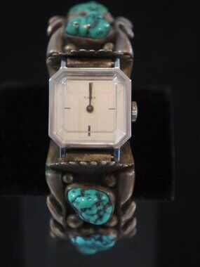 Vintage Navajo Sterling Silver Turquoise Watch Cuff H.Y. Hallmark STATEMENT